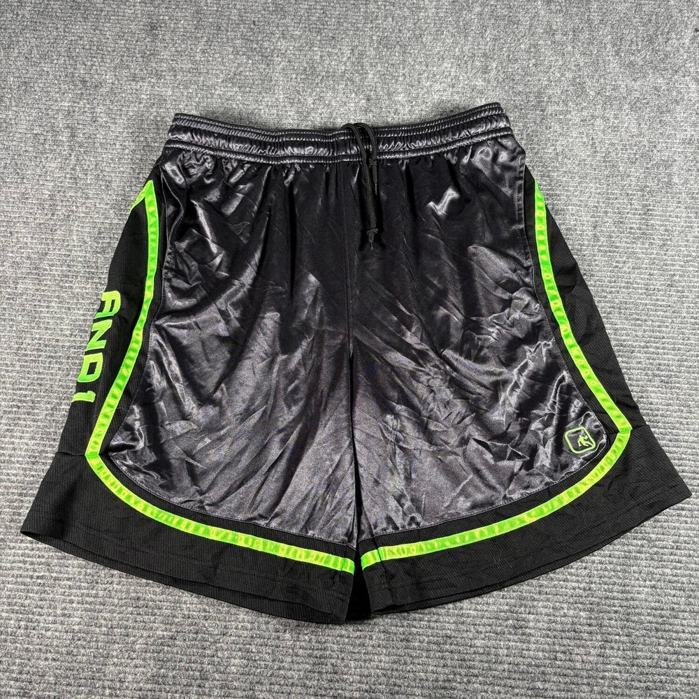 AND1 Basketball Shorts Mens 2XL Black Lime Green Excellent Dazzle Mesh Trim
